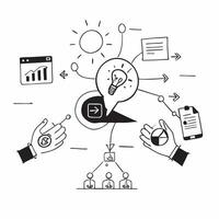 Overhead view of a senior manager with tech interface and innovation elements overlay symbolizing innovation leadership in double exposure with copy space concept as An overhead v Clear vector