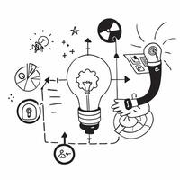 Overhead view of a manager with innovation matrix and futuristic symbols overlay symbolizing innovative thinking in leadership in double exposure with copy space concept as An ove Clear vector