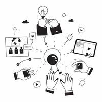 Overhead view of a leadership figure with digital grid and tech devices overlay symbolizing technological innovation in leadership in double exposure with copy space concept as An Clear Set 2 vector