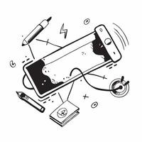 Overhead view of a desk with a smartphone and earphones symbolizing connectivity in double exposure with copy space concept as An overhead view of a desk intertwined with a smartp Clear vector