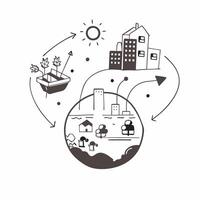 Overhead view of a city with green walkways and solar powered lighting symbolizing eco friendly urban development in double exposure with copy space concept as An overhead view of Clear vector