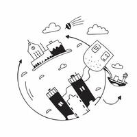 Overhead view of a city with green spaces and smart public transport symbolizing eco friendly urban living in double exposure with copy space concept as An overhead view of a city Clear vector