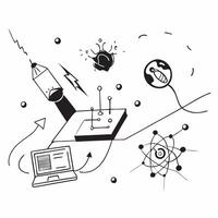 Overhead view of a business workspace with quantum computing and digital overlay symbolizing quantum driven business innovation in double exposure with copy space concept as An ov Clear vector