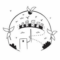 Overhead view of a city garden with wind turbine overlay symbolizing green urban power in double exposure with copy space concept as An overhead view of a city garden blended with Clear vector