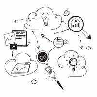 Overhead view of a business setting with cloud computing and digital symbols overlay symbolizing cloud innovation in business in double exposure with copy space concept as An over Clear vector