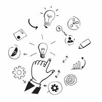 Overhead view of a business executive with innovation hub and digital icons overlay symbolizing forward thinking leadership in double exposure with copy space concept as An overhe Clear vector