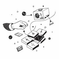 Overhead view of a business environment with robotics and tech overlay symbolizing robotics innovation in business in double exposure with copy space concept as An overhead view o Clear vector