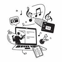 Online Music Instruction concept as A music teacher conducts live online classes teaching various instruments and music theory in Photo Stock Concept Clear vector