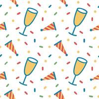 New Year seamless pattern with party poppers champagne glasses and confetti for a bright joyful New Year celebration concept as Bright New Year pattern with party poppers champagne Clear vector