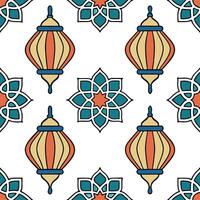 Moroccan tiles and lanterns seamless pattern with intricate designs and vibrant colors for exotic decor concept as Intricate Moroccan tiles and vibrant lanterns arranged seamlessly Clear vector