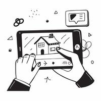 Monitoring Home Through Smart Devices concept as Homeowner checks home surveillance footage on a tablet from a remote locationSimple flat illustration in isometric scene Clear vector