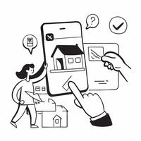 Mobile App for Real Estate concept as Real estate agents and clients navigate property listings and market analysis through a real estate mobile app in Photo Stock Concept Clear vector