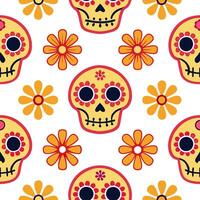 Mexican Day of the Dead skulls and marigolds seamless tile pattern with bright colors and intricate details for festive decor concept as Brightly colored skulls and intricate marig Clear vector