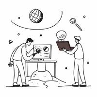 Mars Rover Development concept as Engineers designing and testing a Mars rover in a simulated Martian landscape to study the planets surface in Photo Stock Concept Clear vector