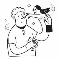Man with cerebral palsy petting his bird concept as A man with cerebral palsy joyfully petting his bird illustrating the deep connection and happiness their companionship brings i Clear vector