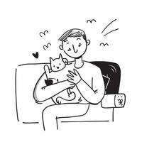 Man with Down syndrome cuddling his cat on the couch concept as A man with Down syndrome joyfully cuddling his cat on the couch showcasing the deep emotional connection and comfort Clear vector
