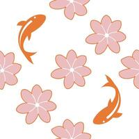 Japanese Sakura and Koi Fish seamless tile pattern with soft pinks and vibrant oranges for serene home decor concept as Soft pink sakura blossoms and vibrant orange koi fish arrang Clear vector