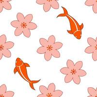 Japanese Sakura and Koi seamless tile pattern with soft pinks and vibrant oranges for tranquil home decor concept as Soft pink sakura blossoms and vibrant orange koi fish arranged Clear vector