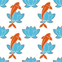 Japanese koi fish and lotus seamless tile pattern with vibrant oranges and serene blues for tranquil decor concept as Vibrant orange koi fish and serene blue lotuses arranged seaml Clear vector