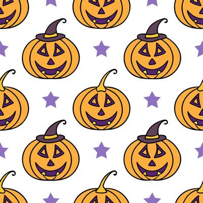 Jack o lanterns and witches seamless tile pattern with vibrant orange and magical elements for enchanting Halloween decor concept as Vibrant orange jack o lanterns and magical witc Clear