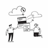 IT Team Collaborating on Cloud Migration concept as An IT team collaborates on a strategic plan for migrating company data to a cloud based system in Photo Stock Concept Clear vector
