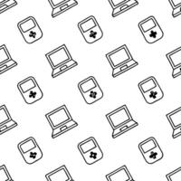Invent pixel art style seamless tiles with simplified tech icons floating on clean white fields ideal for game or micro app brand identity concept as Leverage pixelated icon forms Clear vector