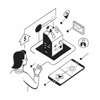 Interactive Smart Home Tour concept as Prospective home buyers experience an interactive tour of a smart home featuring automated systemsSimple flat illustration in isometric scen Clear Set 2 vector