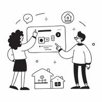Interactive Smart Home Tour concept as Prospective home buyers experience an interactive tour of a smart home featuring automated systemsSimple flat illustration in isometric scen Clear vector