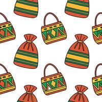 Incorporate ethnic inspired bags and pouches into seamless tile designs using vibrant patterns and traditional fabrics concept as Feature ethnic bags and pouches in seamless patte Clear vector