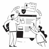 Health Information Security concept as IT specialists working on securing health information systems to protect patient data and ensure privacy in Photo Stock Concept Clear vector