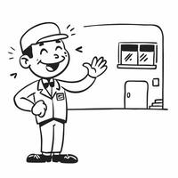 Happy School Bus Driver concept as A cheerful school bus driver greets children with a smile creating a positive start to their school day in Photo Stock Concept Clear vector