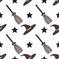 Halloween witches and broomsticks seamless tile pattern with mystical elements and dark colors for magical decor concept as Mystical witches and broomsticks arranged seamlessly wit Clear vector
