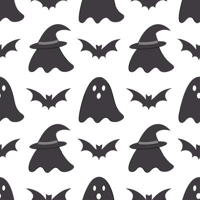 Ghosts and witches seamless tile pattern with spooky elements and dark hues for eerie Halloween decor concept as Spooky ghosts and witches arranged seamlessly with dark hues for ee Clear