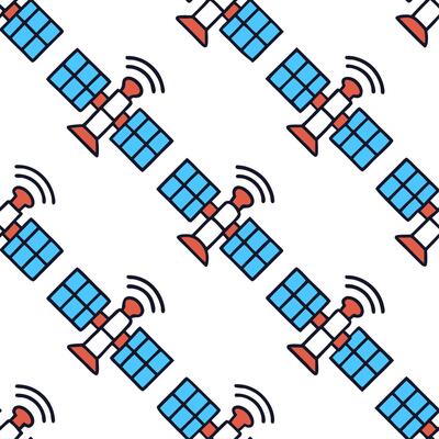 Generate seamless tile patterns combining futuristic satellite modules bright scan beams and bold white space for high impact cosmic style concept as Satellite modules pulse with b Clear