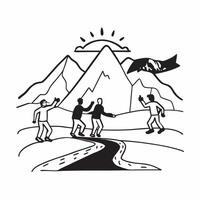 Frosty Summit Adventure concept as Adventurers trek towards the frosty summit of a snow capped mountain embracing the challenge of the climb in Photo Stock Concept Clear Set 2 vector