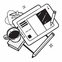 Flat lay of a tablet and coffee mug with a sketchbook symbolizing digital and traditional tools in double exposure with copy space concept as A flat lay of a tablet and coffee mug Clear vector