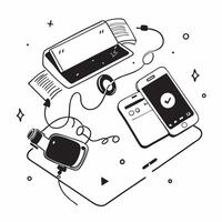 Flat lay of a smartphone and earbuds with a laptop symbolizing mobile workspace in double exposure with copy space concept as A flat lay of a smartphone and earbuds intertwined wi Clear vector