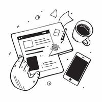 Flat lay of a tablet and phone with a coffee cup symbolizing digital workspace in double exposure with copy space concept as A flat lay of a tablet and phone intertwined with a co Clear vector