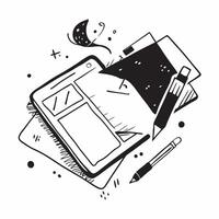 Flat lay of a tablet and a sketchbook with colored pens symbolizing digital and traditional creativity in double exposure with copy space concept as A flat lay of a tablet and a s Clear vector