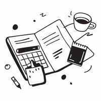 Flat lay of a keyboard and a coffee cup with a planner symbolizing office essentials in double exposure with copy space concept as A flat lay of a keyboard and a coffee cup intert Clear vector