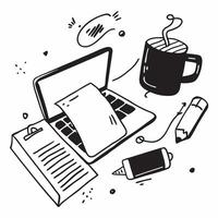 Flat lay of a laptop and a coffee mug with a planner symbolizing productivity in double exposure with copy space concept as A flat lay of a laptop and a coffee mug intertwined wit Clear vector