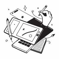 Flat lay of a keyboard and mouse with a planner symbolizing digital planning in double exposure with copy space concept as A flat lay of a keyboard and mouse intertwined with a pl Clear vector