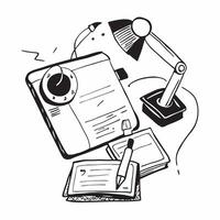 Flat lay of a desk lamp and a phone with a notepad symbolizing study in double exposure with copy space concept as A flat lay of a desk lamp and a phone intertwined with a notepad Clear vector