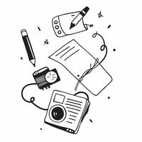 Flat lay of a camera and phone with a notepad symbolizing multimedia office tools in double exposure with copy space concept as A flat lay of a camera and phone intertwined with a Clear vector