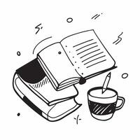 Flat lay of a coffee mug and notepad with a pencil symbolizing brainstorming in double exposure with copy space concept as A flat lay of a coffee mug and notepad intertwined with Clear vector
