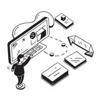 flat icon Web Surfing at Work concept as A worker distracted by non work related web surfing during office hours decreasing productivitySimple flat illustration in isometric scene Clear vector