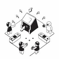 flat icon Retro Console Collectors Meet concept as Retro game enthusiasts gather at a collectors meet to buy sell and discuss classic consoles and gamesSimple flat illustration in Clear vector