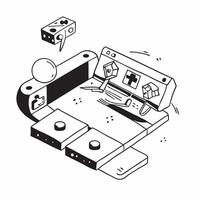 flat icon Console Gaming Setup concept as A gamer sets up a sophisticated console gaming environment with multiple monitors and advanced equipmentSimple flat illustration in isome Clear vector
