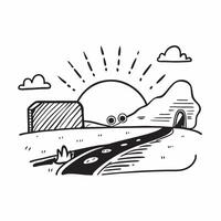 flat design backdrop Pastoral Sunset concept as The sun sets over a pastoral landscape illuminating farm fields and livestock in a tranquil end to the day flat illustration in Clear vector