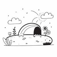 flat design backdrop Garden Rainbow After Rain concept as A garden comes to life after rain with a beautiful rainbow arching over blooming flowers and greenery flat illustration i Clear vector